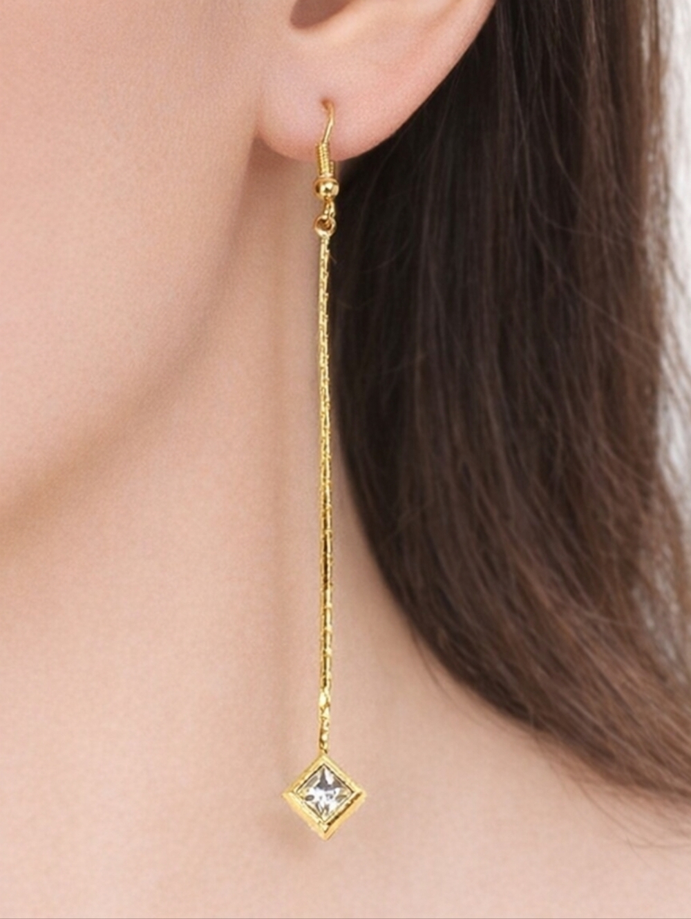 Gold tone Geometric Crystal Long Drop Earrings – Elegant Sparkle Dangle Jewelry